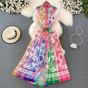 Casual Kleider 2023 Sommer Runway Urlaub Kleid Frauen Ärmellose Hohe Taille Kontrast Blumendruck Vintage Party Langes Kleid Vestidos