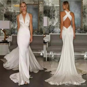 2018 Mermaid Wedding Dresses Beach Sexig Simple Cross Belt Open Back Casual Deep V Neck Sgreek Goddess Leeveless Wedding Dress224b