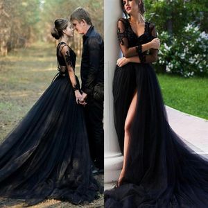Vintage Deep V Neck Wedding Dress Black Long Sleeve Split A Line Tulle Bridal Gown Plus Size Custom Made285Z