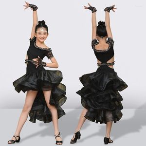 Stage Wear Fashion Black White Lace Diamond Latin Dance Dress For Girls Trailing Children'S Ballroom Competition Costume SL7180