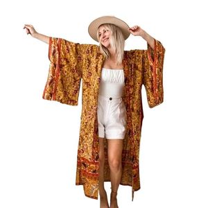 Dress Bohemian Oversized Loose Fit Floral Print Cotton Boho Chic Kimonos Blusas Female Cover Ups Lady Long Robes