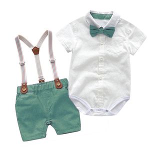 Completi di abbigliamento Vestiti per bebè Estate Abiti da compleanno per gentiluomini nati Abiti da festa in morbido cotone Solid Rmper Cintura Pantaloni Infantili Set per bambini 230617