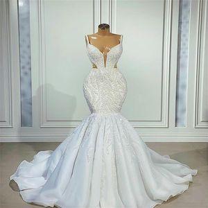Luxurious Beading Lace Mermaid Wedding Dresses Bridal Gowns Spaghetti V Neck Sweep Train robe de soiree mariage253D
