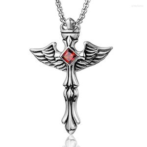 Pendant Necklaces Punk Retro Titanium Steel Columns Crown Angel Wing Cross Pendants Necklace For Men Jewelry Silver Color Never Fade Drop