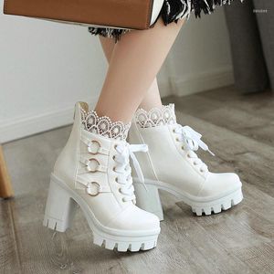 Stiefel Plattform Frauen Gothic Schnürriemen Keil klobige Schnürung Lackleder Punk EMO Schuhe Halloween Geschenk College