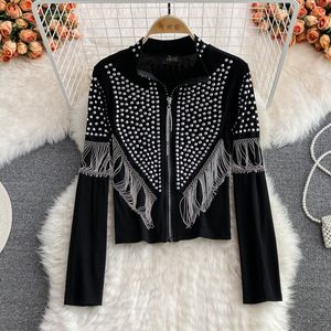 Women's Jackets Spring Fashion Rivet Chain Tassel Slim Short Cardigan Jacket Women Stand Collar Long-sleeve Streetwear Female Thin Black Coat 2023