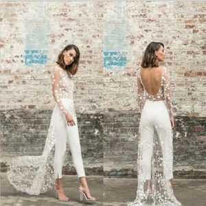 2020 Designer Jumpsuit Beach Wedding Dresses Jewel Neck Long Sleeve Backless Ankle Length Bridal Outfit Summer Wedding Gowns Two P239g