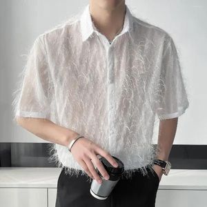 Mäns casual skjortor mode svart vit klänning skjorta man mäns ihåliga nät tofs kort ärm lös tee male streetwear camisa