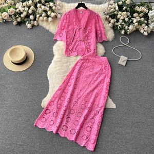 Two Piece Dress High Quaity Flower Embroidery Two Piece Set for Women Vintage V-neck Coil Buckle Shirt +Long Skirt Sets Cotton 2 Piece Outfits 2023