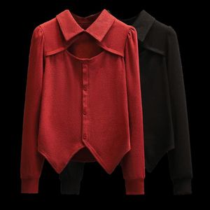 Polo 2023 Camicia rossa a maniche lunghe scava fuori Polo sexy Donna Camicia vintage coreana nera Primavera Autunno Nuova camicia casual aderente elegante