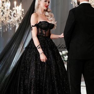 Robe de Mariee czarna cekinowa suknia ślubna iluzja z koronki z koronkami.