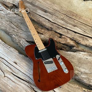 Acepro F-hole Brown Color Electric Guitar 20mm Solid ASH Body Roasted Maple Neck Stainless Steel Frets Chrome Hardware