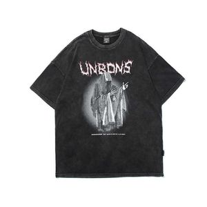 Dark High Street Style Altar Demon Print använde tvättad kortärmad t-shirt Men's Loose Fashion Märke