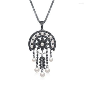 Pendant Necklaces Ajojewel Simulated Pearl Tassel Necklace Vintage Retro Style Black Crystal Flower Design Nice Gift