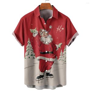 Camisas casuais masculinas para verão, soltas, manga curta, camisa vermelha, impressão 3D, férias de natal, versátil, botão de lapela havaiano