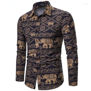 Men's Casual Shirts Long Sleeve Men Shirt Plus Size Slim Elephants Printting Mens Retro Striped