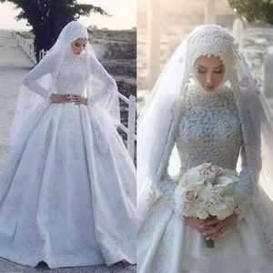 Skromny islamski hidżab muzułmańskie sukienki ślubne vintage koronkowy wiejski suknia ślubna Wysokie szyję zimowe szaty ślubne szaty de M177D