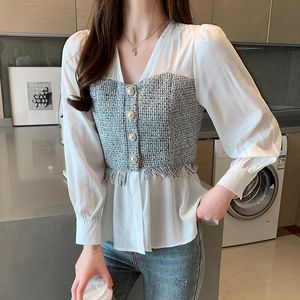 Bluse 2021 Solid White Long Sleeve Shirt Mode Office Tops Koreanischer Stil Chiffon Frauen Bluse vneck Feminina Shirt 689g