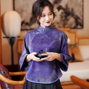 Etniska kläder cheongsam kvinnors plus size topps 2023 Spring Silk Satin Prints Splicing Chinese Style Retro Tang Costume Qipao Shirts