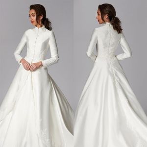 2020 skromne muzułmańskie sukienki ślubne Linia satynowa aplikacje wysoko szyi wiejskie sukienki ślubne Sieknięcie Train Bohemian Wedding 233x