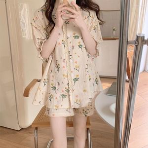 Kvinnors sömnkläder pyjama sätter nedslagen krage kort ärm kvinnor sommar spets blommigt tryck tecknad kawaii trendiga kvinnor 2 st pajamas elegant