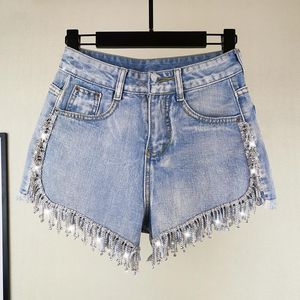 Jeans Rhinestone Tassel Denim Shorts for Women 2023 Summer New Handstudded Flash Diamond Tassels High Waist Blue Jean