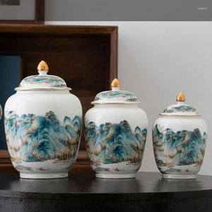 Storage Bottles Chinese Ceramic Tea Landscape Flower Decoration Jar Candy Nut Coffee Bean Grain Sealed Kitchen Container