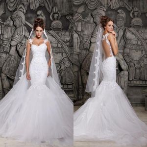 Eleganckie seksowne białe koronkowe sukienki ślubne syrenki Sheer Back Windelable Train Suknie ślubne Plus Size Vestidos de Noiva230d