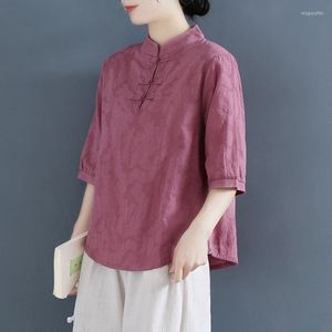 Roupas étnicas estilo chinês camisa retrô de algodão e linho primavera verão blusa de botão com gola alta 31559