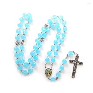 Colares com Pingente QIGO Azul Conta Quadrada Cruz Colar Enfeites Longo Jesus Católico Religioso Para Homens Mulheres