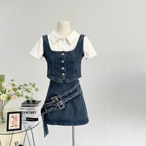 Vestidos de Trabalho 2023 Conjuntos Denim Vintage Feminino Alças Fora de Ombro Mini Top Colete Cinto Duplo Saia Curta Moda Verão Sexy Duas Peças Ternos