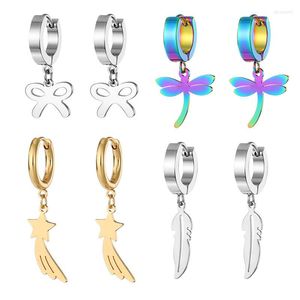 Hoop Earrings Colorful Dragonfly Hollow Feather Stainless Steel For Women Men Punk Simple Bowknot Star Jewelry