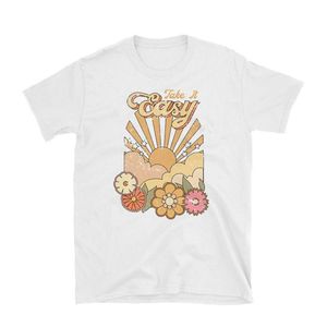 T-Shirt Take It Easy Damen Blumendruck 70er Retro Slogan T-Shirt Vintage Boho Oversize Grafik T-Shirt Ästhetisches T-Shirt Hippie Tops