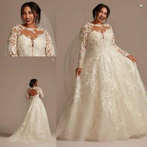 OLEG CASSINI Lace Illusion Long Sleeve Plus Size Wedding Dresses 2022 Sheer O-neck Applique Floral Puffy Skirt Princess Bridal Gow299q