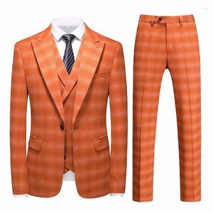 Mäns kostymer plyesxale orange kostym för män bröllop groom wear prom party scen mens 3 stycke terno masculino (blazer västbyxa) Q1368