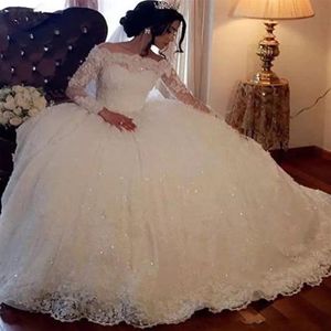 Cascading Ruffles Ball Gown Wedding Dress Long Sleeves Lace Appliques Sequins Bridal Gowns Formal Church Plus Size Vestido De Novi321P