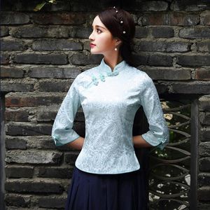 Ubranie etniczne Chiński styl Kobiety Koszula Qipao Vintage mandarynki kołnierz cheongsam bluzka elegancka damska satyna kwiat tang top ogółeize