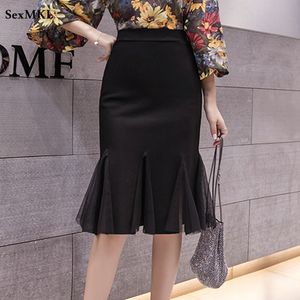 Elastische Taille Sommer Röcke Büro Frauen 2023 Elegante Mode Bodycon Ausgestelltes Faldas Koreanische Stil Knie Länge Y2k Schwarz Rock