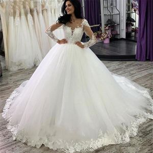 Luksusowe koronkowe suknie balowe suknie ślubne Sheer szyi długie rękawy aplikacje sukienki ślubne suknie ślubne vestidos de novia szaty de mari307k