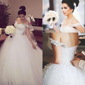 Wedding Dresses Ball Gown 2021 Beaded Handmade Flower Off the Shoulder White Vestido De Novia Court Train Bridal Gowns Crystal278q