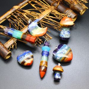 Chakra Natural Crystal Pendants Rainbow Layered Heart Mushroom Crescent Charm Healing Quartz Stone Pendant for Necklace Jewelry