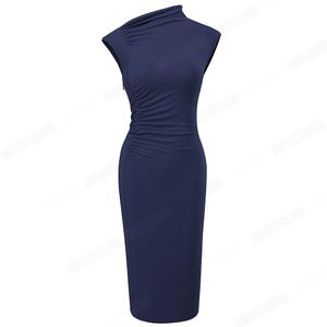 ドレス女性ビジネスエレガントな純粋なカラータートルネックRuched Lady Slim Office Pencil Dress EB672