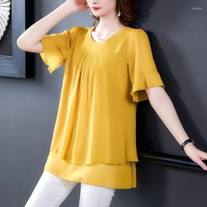 Damenblusen, Chiffon-Oberteil, Damen-Sommer-dünnes Kurzarm-T-Shirt, fettes MM, lockeres, modisches Rundkragen-Botoming-Hemd, 5XL