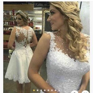 Białe krótkie suknie ślubne klejnot szyi linia aplikacja tiulowe koronkowe sukienki ślubne plus wielkość wiejska mini plażowa sukienka ślubna 245e