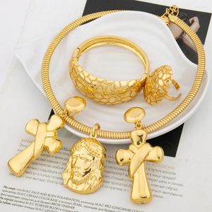 Necklace Earrings Set Dubai Gold Color Holy Girl Cross Earring Jesus Pendant Simple Vintage Bangle Rings Daily Wear Fashion Accessories