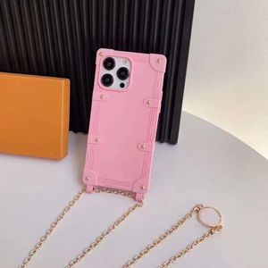 iPhone 14 12 Pro Max Case Designer Trunk Phone Cases for Women Apple 15 Luxury Silicone Chains Cross Body Embossed Flower Mobile Cell Crossbody Back Covers Fundas Pink