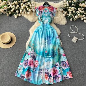 Casual Dresses Runway Sommer Bohemian Maxi Kleid Frauen Kleidung Fliegende Ärmel Einreiher Blumendruck Lange Robe Party Vestidos Blau 2023