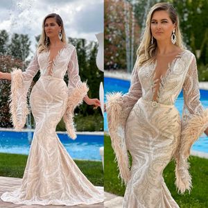 Gorgeous Mermaid Prom Dresses Deep V-Neck Sleeves Applicants on Tulle Belt Feathers Backless Court Gown Custom Made Plus Size Party Dress Vestido De Noite