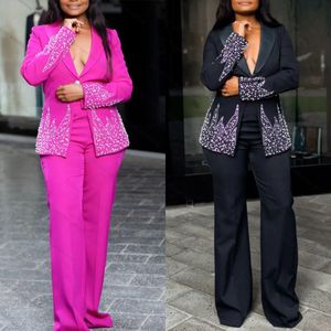 Luxury Beading Mother Of The Bride Pants Suits 2 Pieces Plus Size Lady Crystal Blazer Sets Female High Waist Guest Wear