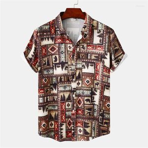 Camisas casuais masculinas Tribal Geometry Print Gola de acampamento Camisa de manga curta marrom Verão Hawaiian Holiday Camisa Tops